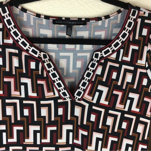 White House Black Market WHBM Tunic Dress Black Red Cream Geo 3/4 Sleeve XS - Picture 3 of 12